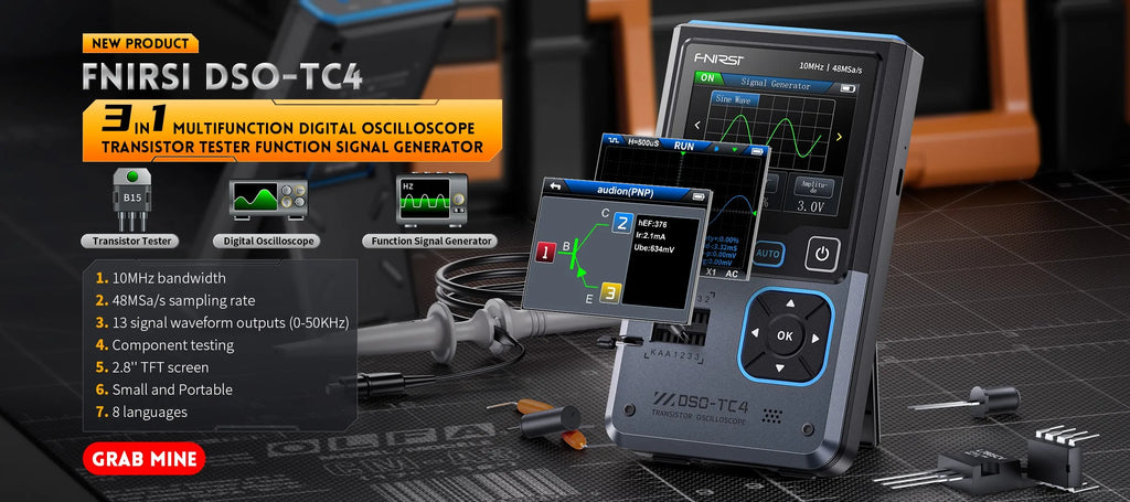 FNIRSI Nuovo DSO-TC4 DSO-TC3 Oscilloscopio Digitale Portatile 3 in 1 Tester Transistor Generatore di Segnale Strumenti di Test Elettronici Portatili