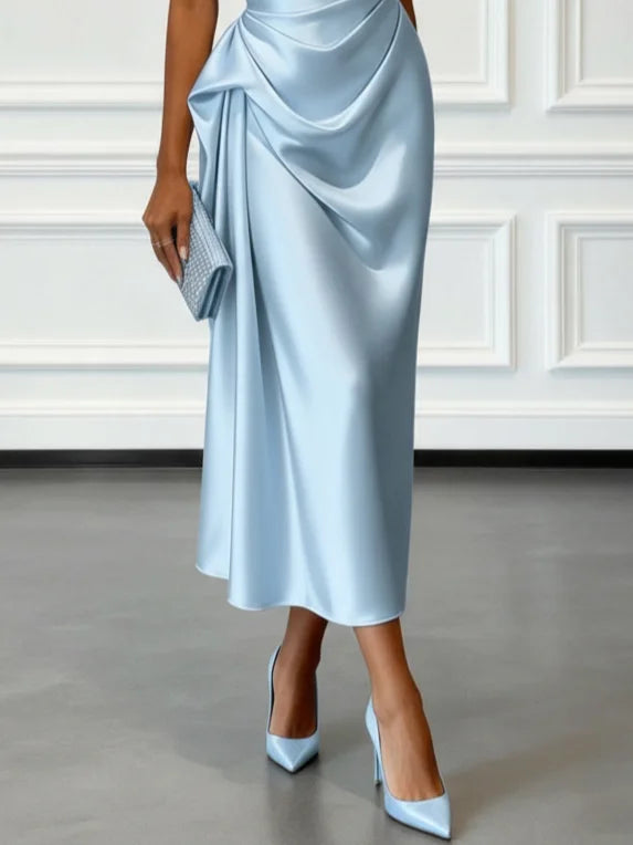 Satijnen midi-jurk met één schouder, geplooide taille, elegante mouwloze feestjurk