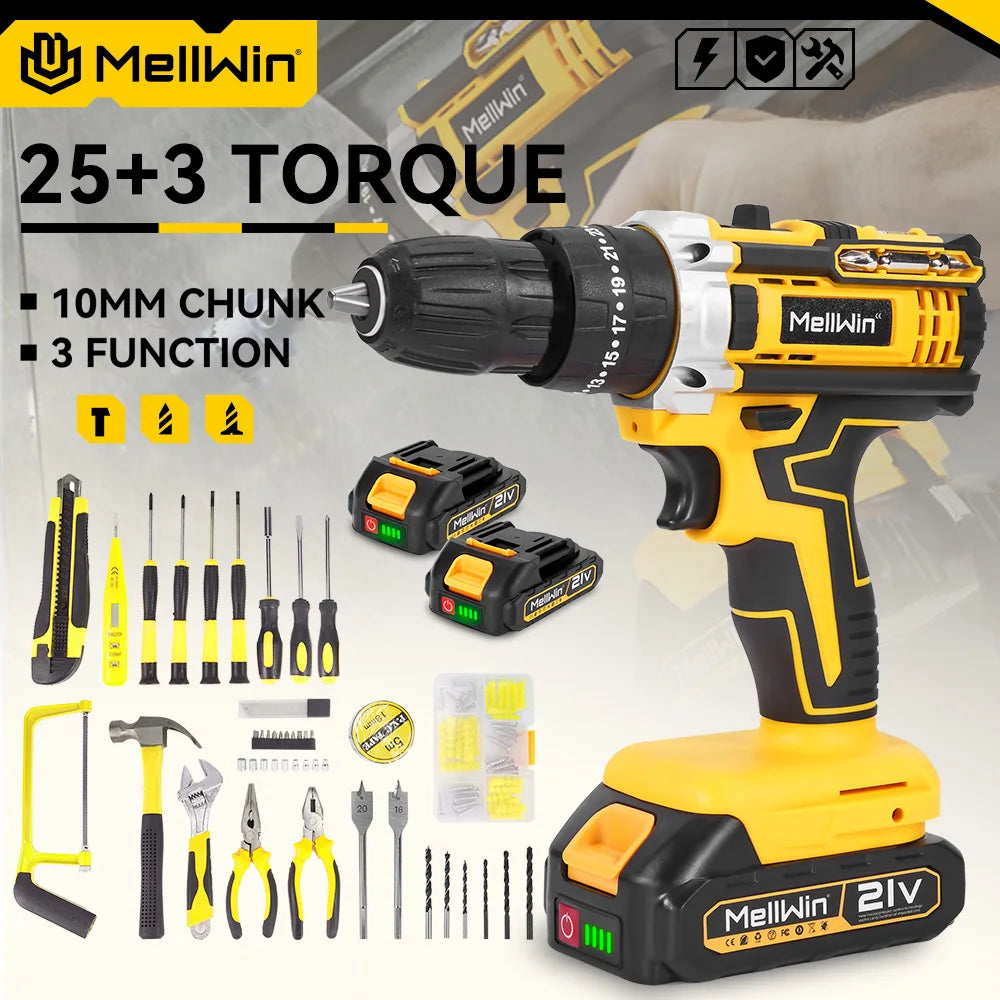 MELLWIN Trapano Avvitatore Elettrico a Percussione 25+3 Coppie, Set Multiuso Avvitatore Elettrico a Batteria, Utensile Elettrico Compatibile con Batteria Makita 18V con Perno
