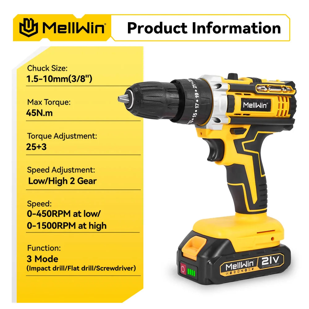 MELLWIN 25+3 Koppel Elektrische Slagboormachine Set Multifunctionele Draadloze Elektrische Schroevendraaier Powertool Voor Makita 18V Accu