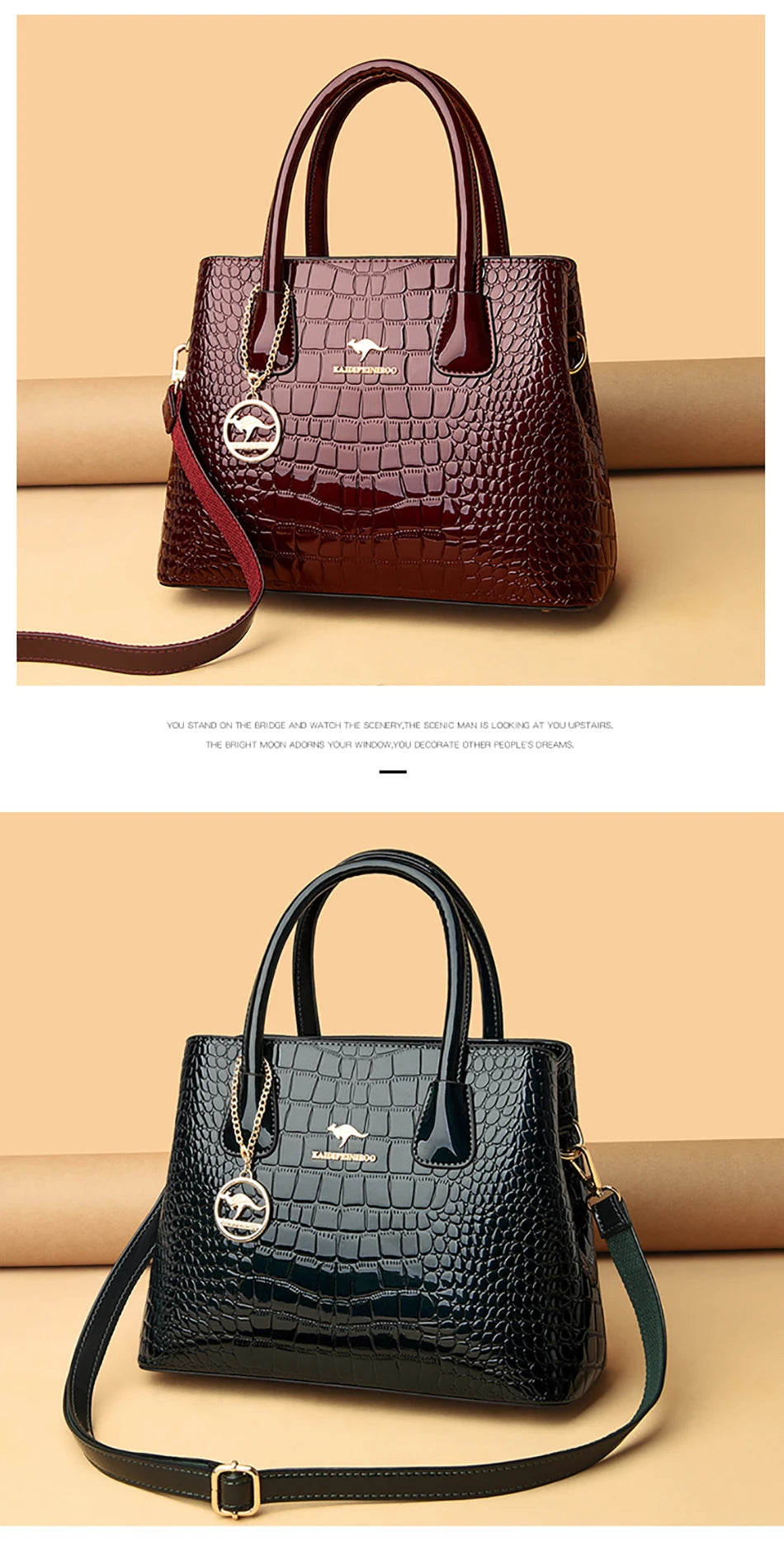 Borsa Tote in Pelle Verniciata con Motivo Coccodrillo per Donna, Borsa a Tracolla di Lusso di Design 2024 per Donna