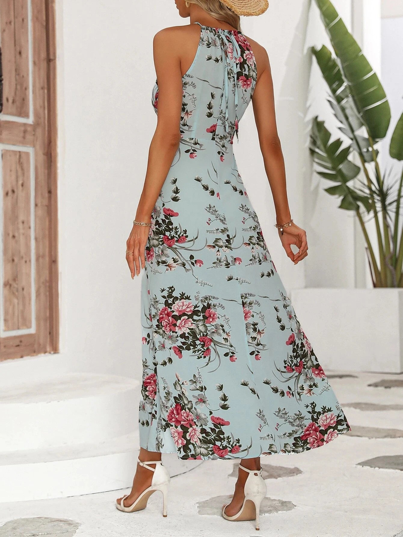 Bloemenprint Hoge Split Dij Halterjurk voor Dames - Zomer Mouwloos Sexy Nauwsluitende Strandfeest Clubkleding