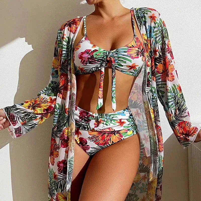 Costume da bagno bikini sexy a vita alta a 3 pezzi con stampa floreale taglia 3XL-S da donna con camicetta a maniche lunghe in rete Super Saldi