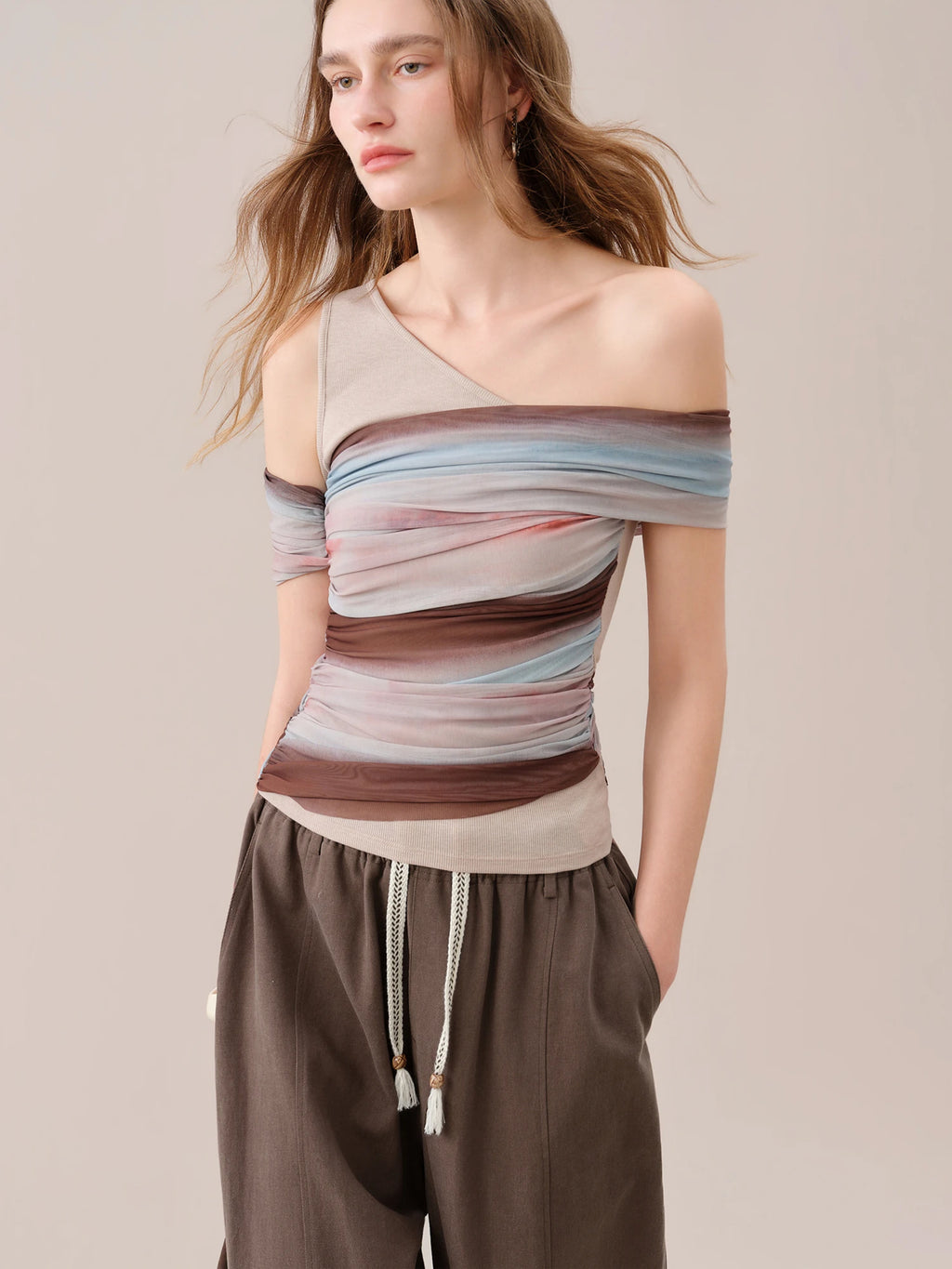 FSLE【Premium Series】Women's Asymmetrical Neck Knit Short-Sleeve T-Shirt Retro Summer 2026 New Gradient Stripe Wasteland Style