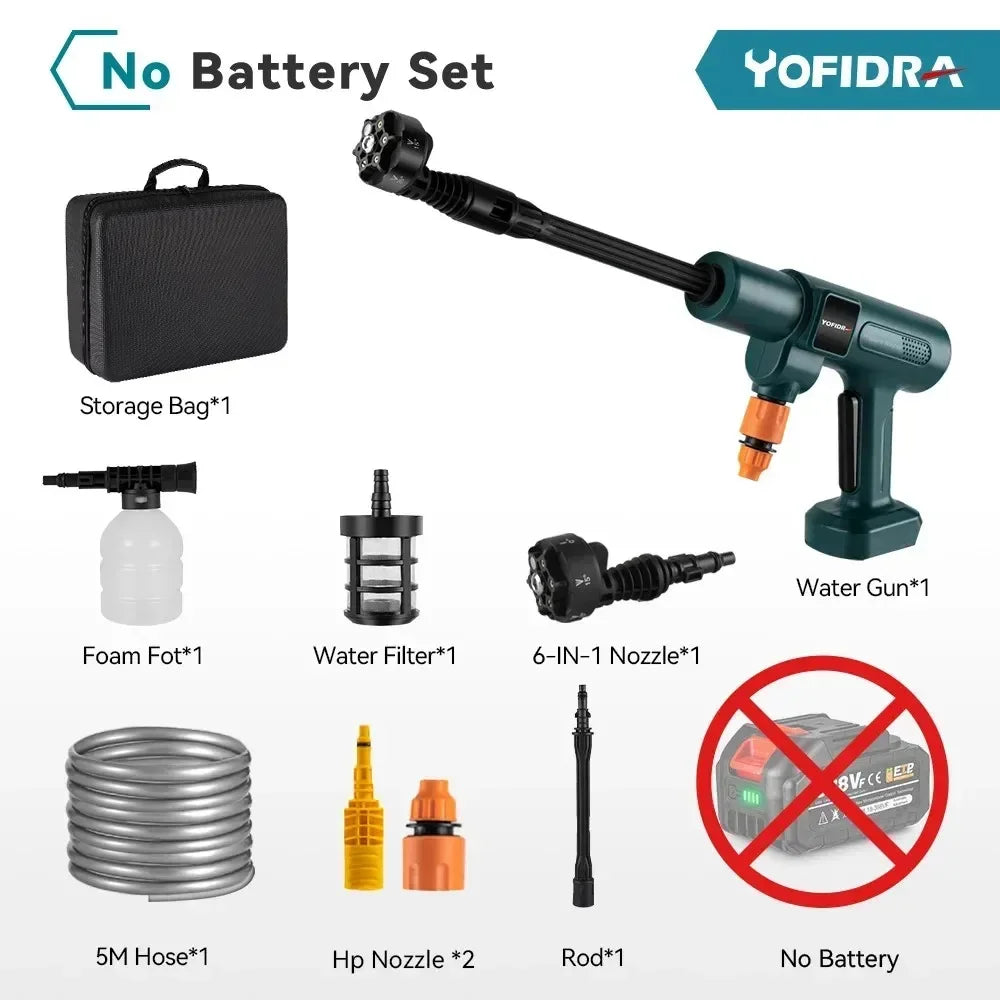 YOFIDRA 200 bar borstelloze elektrische hogedrukspuit 3500W 6-in-1 auto reinigingsreiniger tuingereedschap voor Makita accu