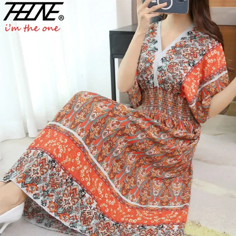 Long Women's Dress Boho Ethnic Bohemian Beach Cotton Blend Artificial Floral Short Sleeve V-neck Vintage Vacation Vestidos Robe