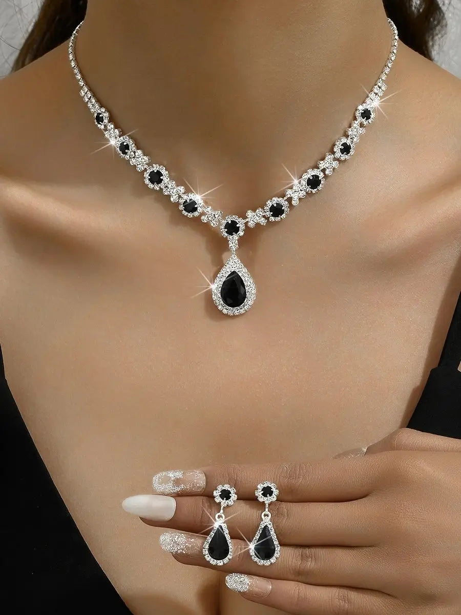 Set di 3 collane a goccia di cristallo da donna con orecchini per abito da sera da sposa