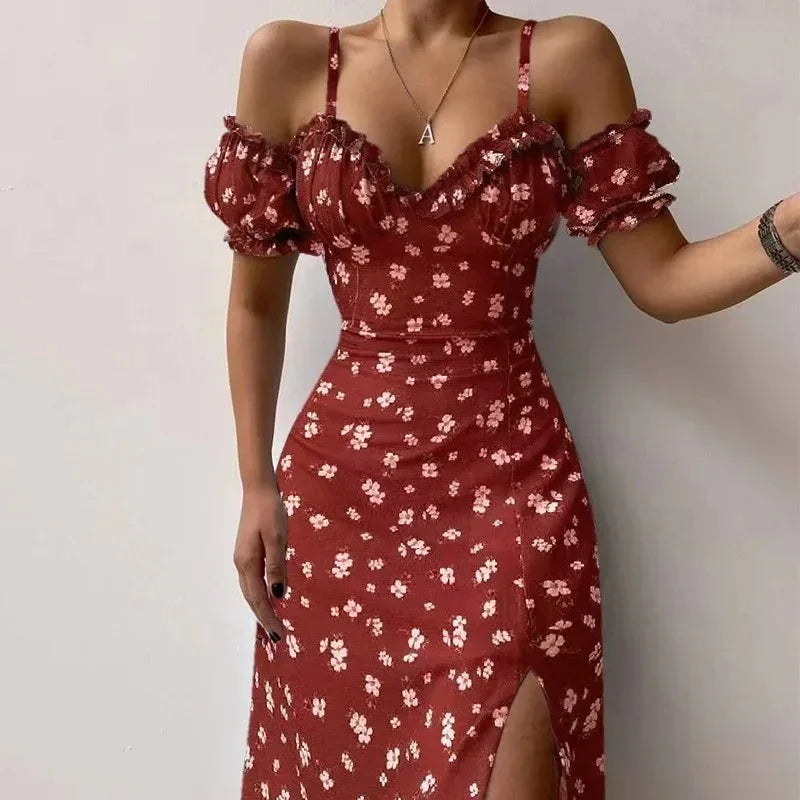 Ruches Bloemen Feest Sexy Jurk Dames Zomer Elegante Strappy Off Shoulder Jurken Vrouwelijke V-hals Slim Maxi Bedrukte Jurk Robe 21764