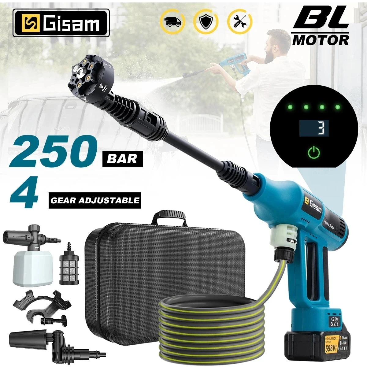 Gisam 250Bar Borstelloze Elektrische Hogedrukreiniger Spuitpistool 4 Versnellingen Kracht Thuis Autowassen Waterspuitpistool voor Makita 18V Accupin