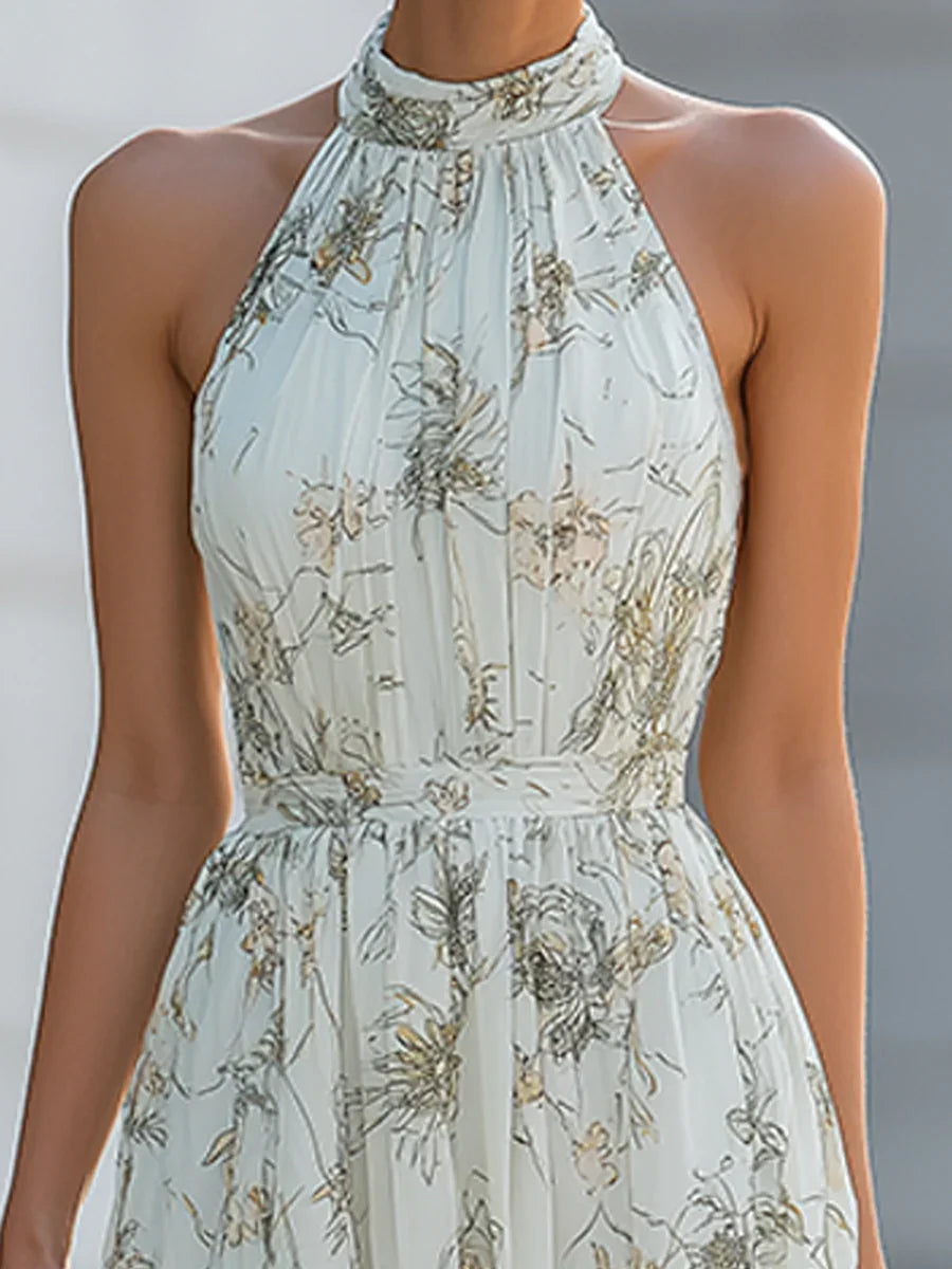 Dames Halternek Bloemenprint Maxi Jurk Hoge Taille Flowy A-lijn Lange Jurk Voor Zomer Strandfeest Bruiloftsgast