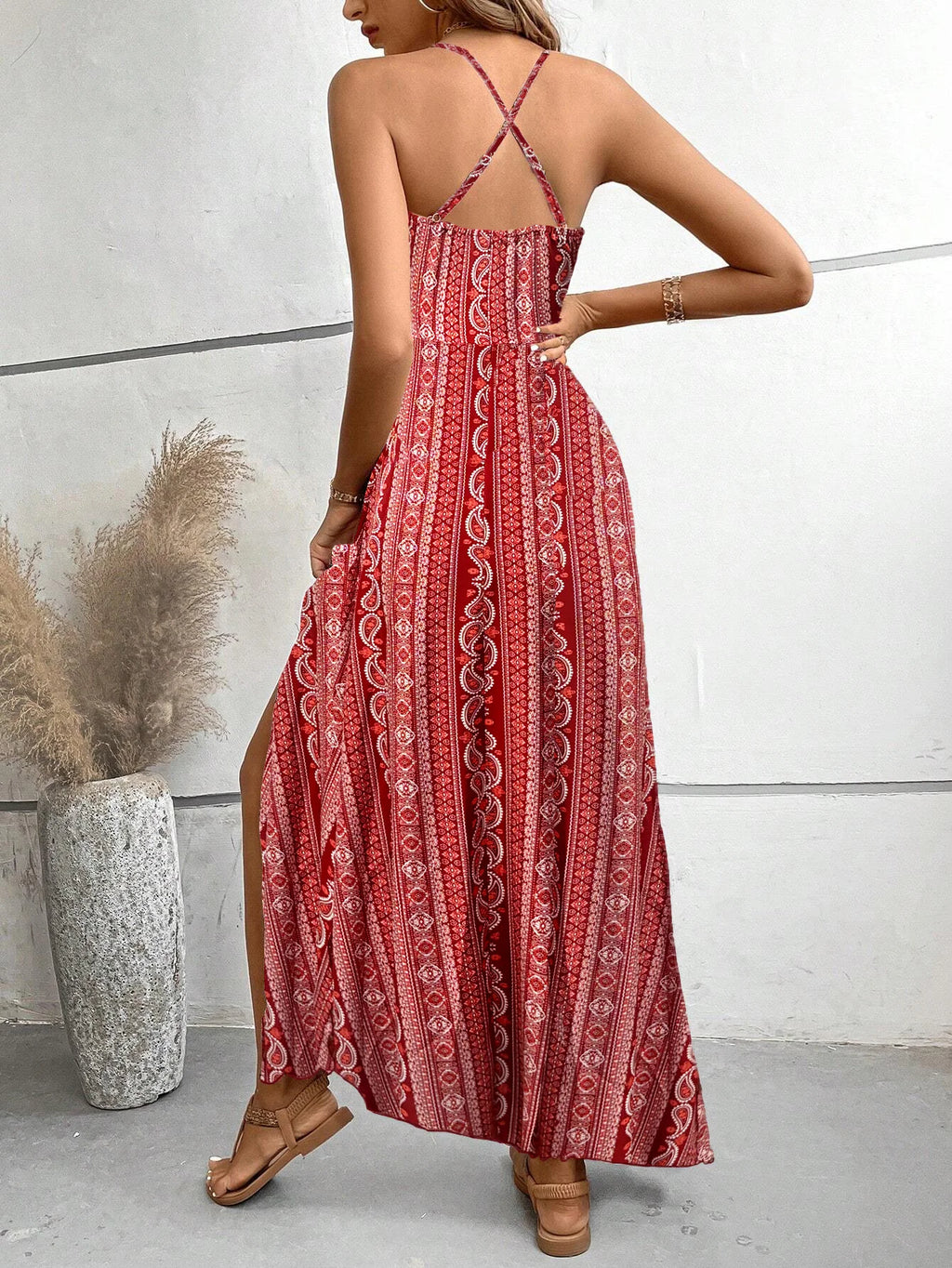 Dames Zomer Jurk met Etnisch Patroon, Open Rug en Split - Dames Zomerkleding Boho Mode Ruches Lange Jurk voor Strand