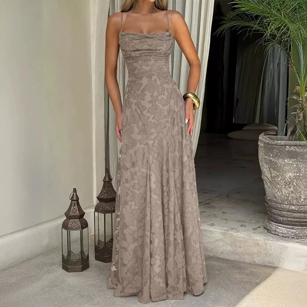 Jacquard Chiffon Lange Jurk Dames Mouwloze Bandage Jurken Zomer Avond Bruiloft Gast Groen Wit Bordeauxrood Roze Afstuderen