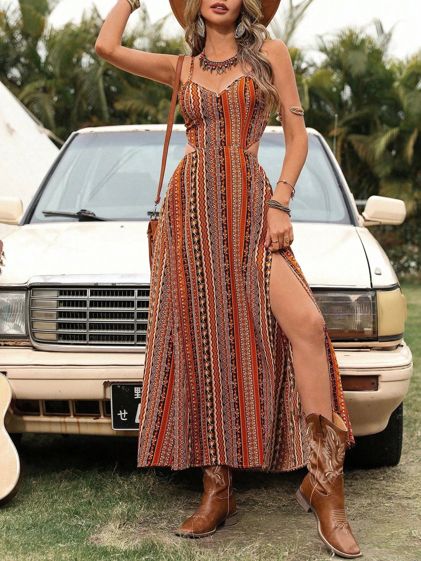 Diepe V-hals Strapless Jurk met Hoge Split, Maxi Jurk met Bloemenprint voor Strand of Feest, Zomerkleding voor Dames