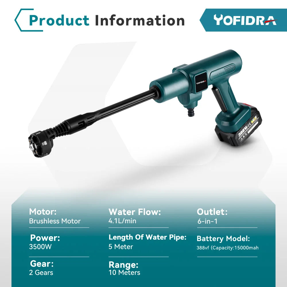 YOFIDRA 200 bar borstelloze elektrische hogedrukspuit 3500W 6-in-1 auto reinigingsreiniger tuingereedschap voor Makita accu