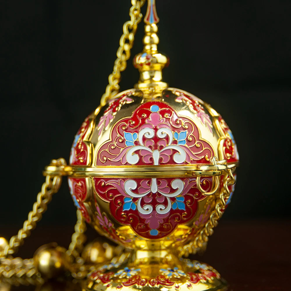 Gold Plated Orthodox Church Censer with Red Pink Blue Enamel Floral Patterns for Christian Liturgy Incense Burning Religious Cer