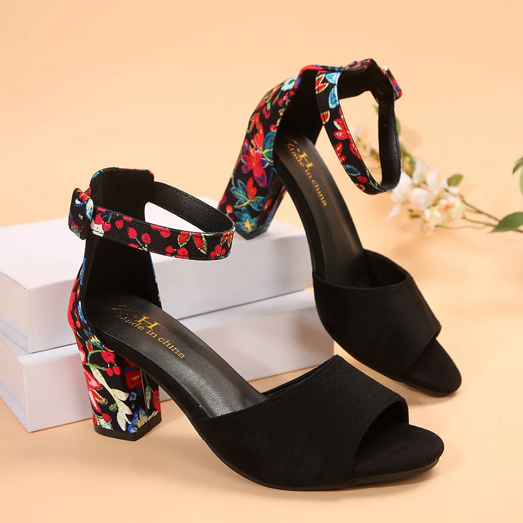 Scarpe estive da donna 2026 Sandali alti con stampa floreale vintage, open toe, tacco alto, casual, con fibbia alla caviglia