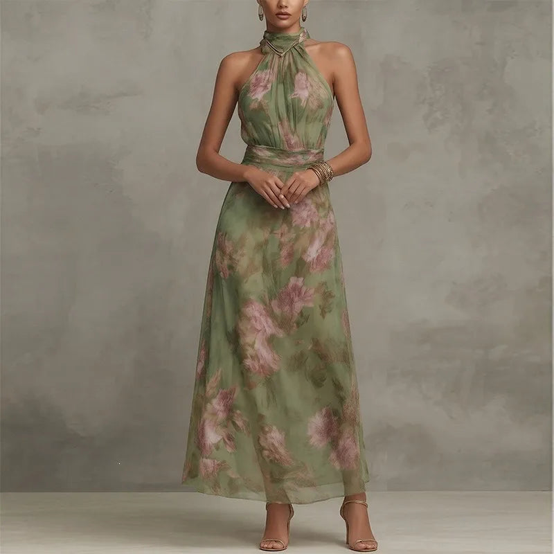 Elegante Geplooide Mesh Bedrukte Onregelmatige Split Sexy Cami Maxi Jurk Mouwloze Halter Nek Chiffon Wijde Avondfeestjurken