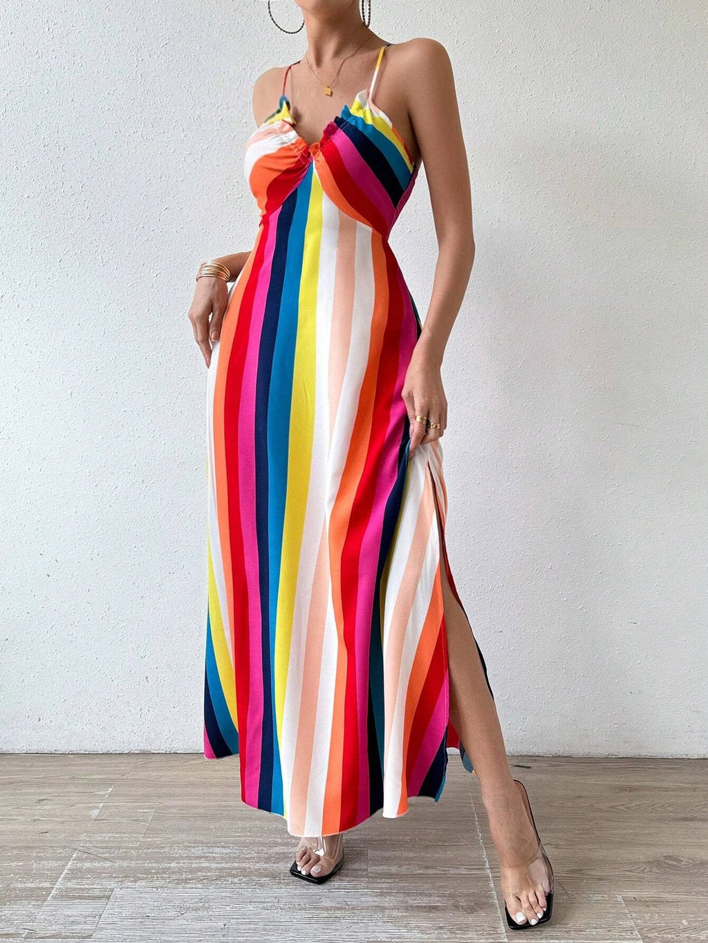 Dames Zomer Jurk met Etnisch Patroon, Open Rug en Split - Dames Zomerkleding Boho Mode Ruches Lange Jurk voor Strand