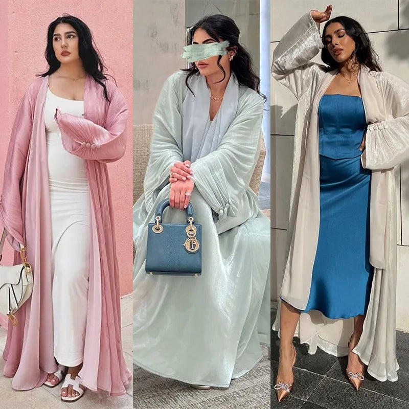 Eid Zijdeachtige Abaya's voor Vrouwen Moslim Jalabiya Ramadan Jurk met Knopen Mouwen Ramadan Kaftan Feestjurken Vestido Largo Cardigan