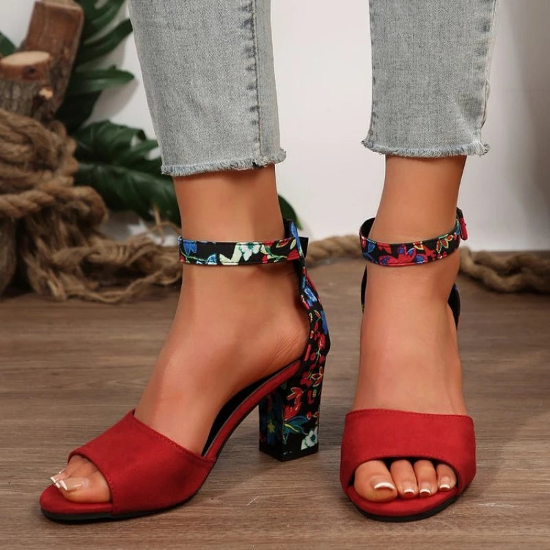 Donna 2026Sandali estivi con tacco quadrato alto Stampa floreale vintage Punta aperta Tacco alto Donna Cinturino alla caviglia con fibbia casual
