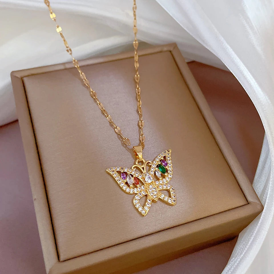 Collana ZAKOL classica color oro in acciaio inossidabile da donna con ciondolo a cuore geometrico in zircone brillante, gioielli regalo