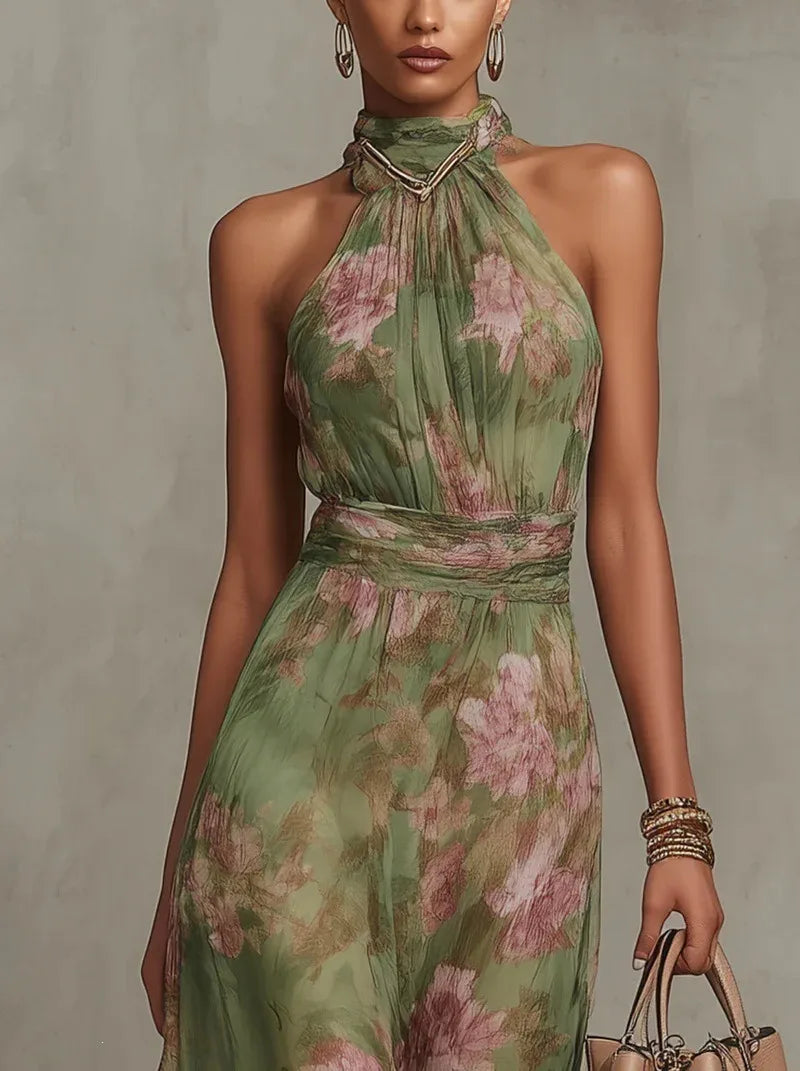Elegante abito lungo da sera con spacco irregolare in rete arricciata stampata, canotta sexy, senza maniche, con scollo all'americana e chiffon svolazzante