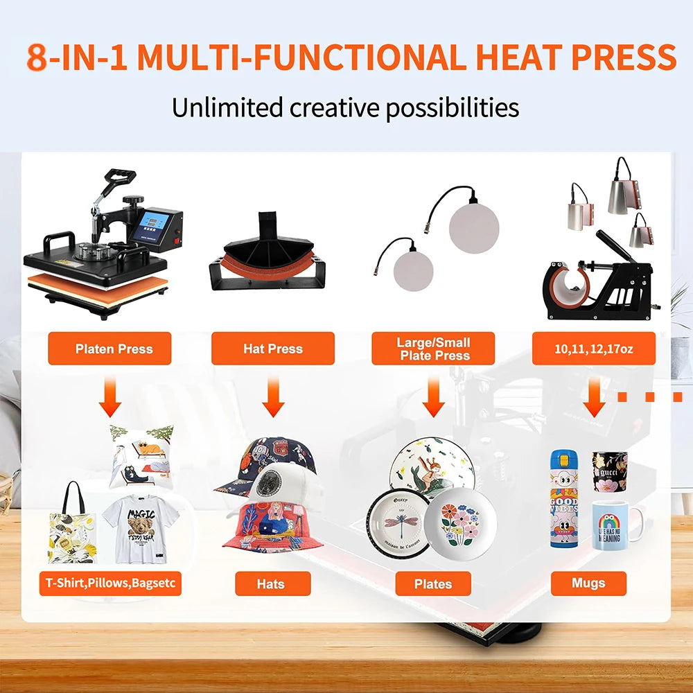 12*15 INCH 8-in-1 Combo Hittepers Machine Sublimatie Printer 2D Hitte Transfer Machine voor Pet Mok Bord T-shirts CE Goedgekeurd