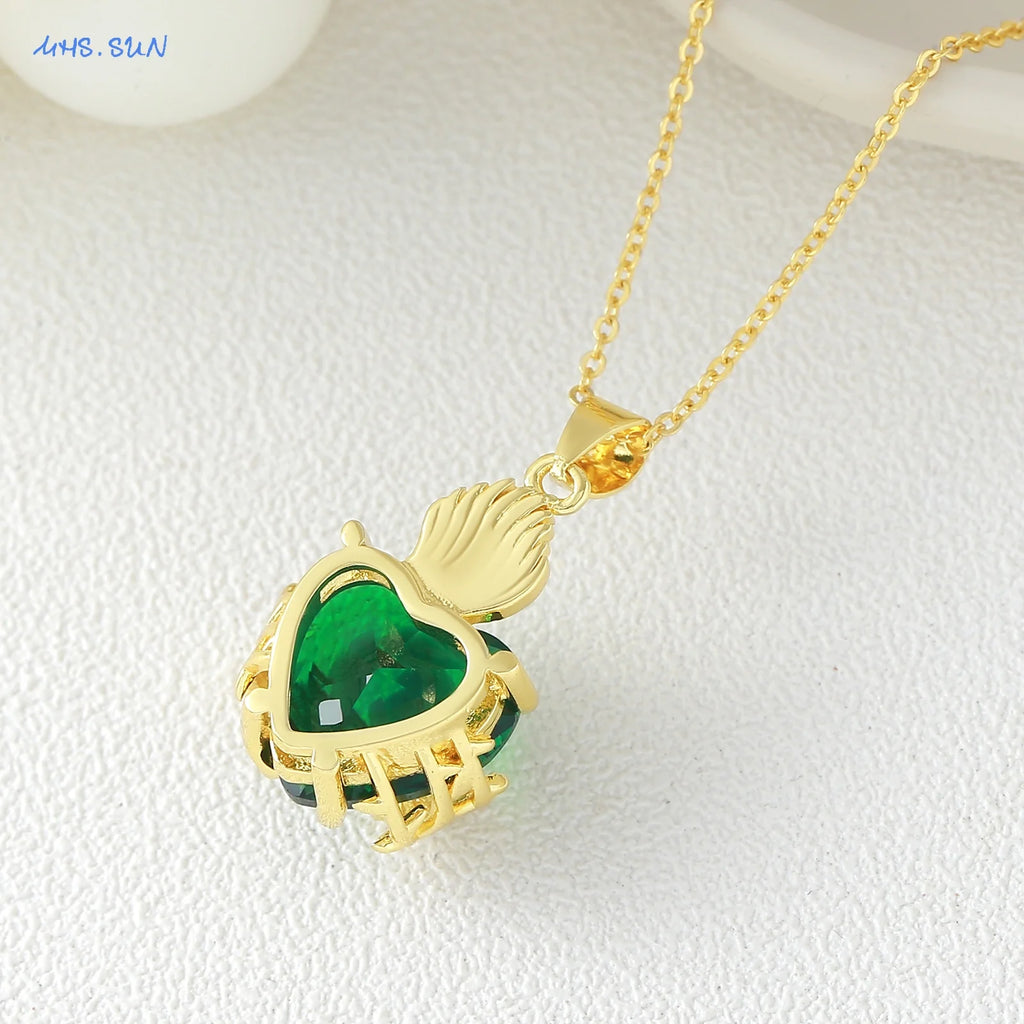 SUNSLL Nuovo zircone cubico placcato oro Smeraldo Sacro Cuore Fiamma Spina Croce Collana Alla moda Versatile Gioielli da donna Regalo