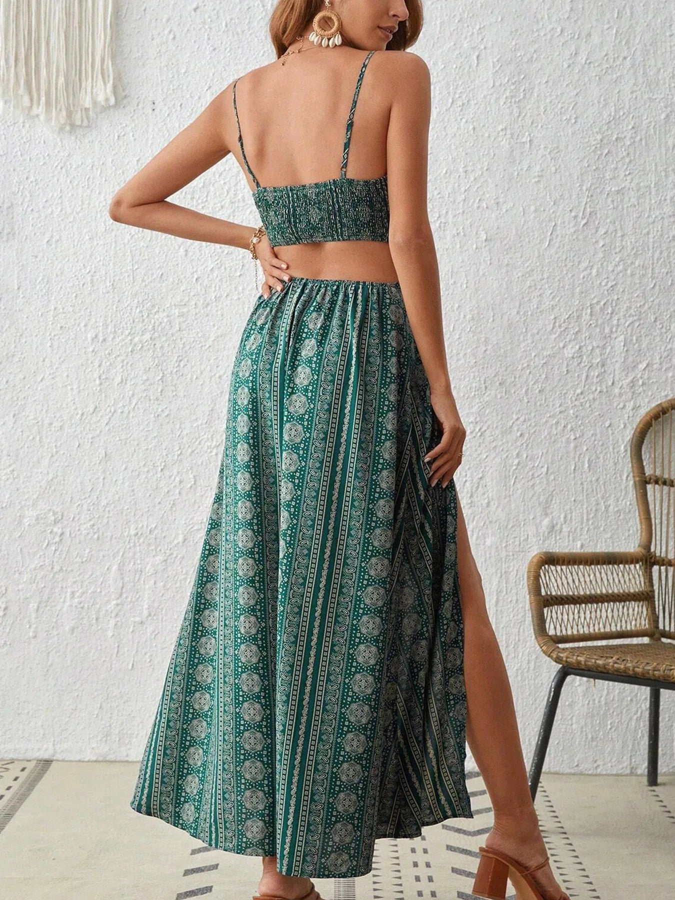 Diepe V-hals Strapless Jurk met Hoge Split, Maxi Jurk met Bloemenprint voor Strand of Feest, Zomerkleding voor Dames