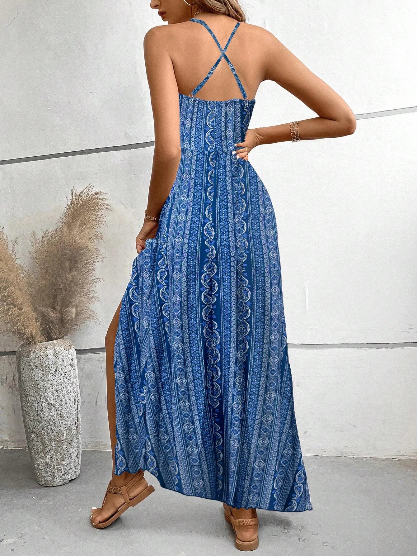 Dames Zomer Jurk met Etnisch Patroon, Open Rug en Split - Dames Zomerkleding Boho Mode Ruches Lange Jurk voor Strand