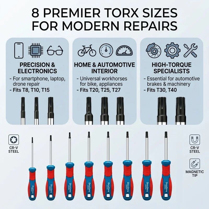 8-delige Torx schroevendraaierset T8-T40 100 mm CR-V warmtebehandeld magnetische tip verchroomde bi-color handgreep sterke momentsleutelset