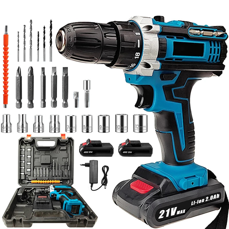 Trapano avvitatore a impulsi a batteria da 21V, Cacciavite elettrico, Martello perforatore elettrico, Mini trapano manuale senza fili, Utensili elettrici con batteria agli ioni di litio