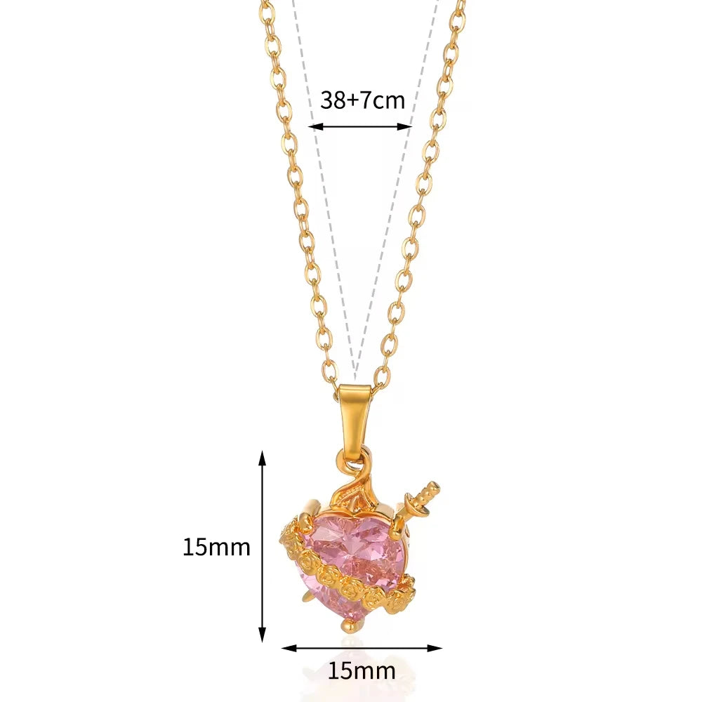 Collana da donna con zircone a cuore rosa color oro, in acciaio inossidabile, con ciondolo a freccia di Cupido Eros a cuore, gioielli di moda coreana per feste