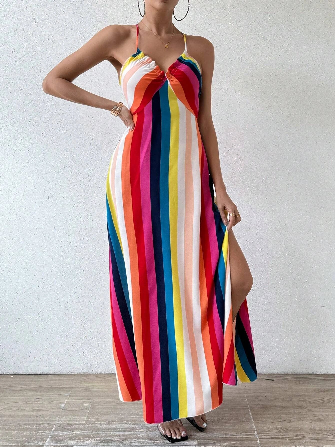 Dames Zomer Jurk met Etnisch Patroon, Open Rug en Split - Dames Zomerkleding Boho Mode Ruches Lange Jurk voor Strand