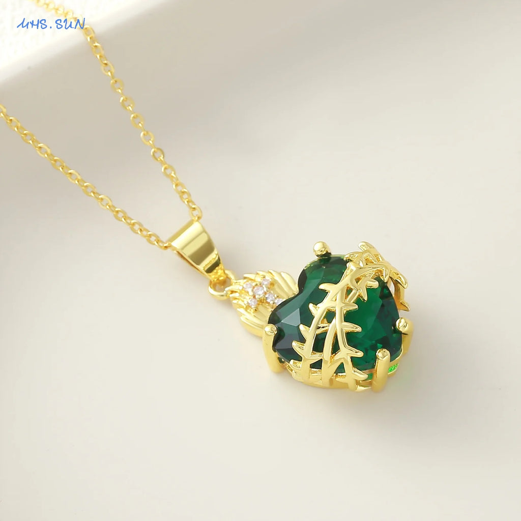 SUNSLL Nuovo zircone cubico placcato oro Smeraldo Sacro Cuore Fiamma Spina Croce Collana Alla moda Versatile Gioielli da donna Regalo