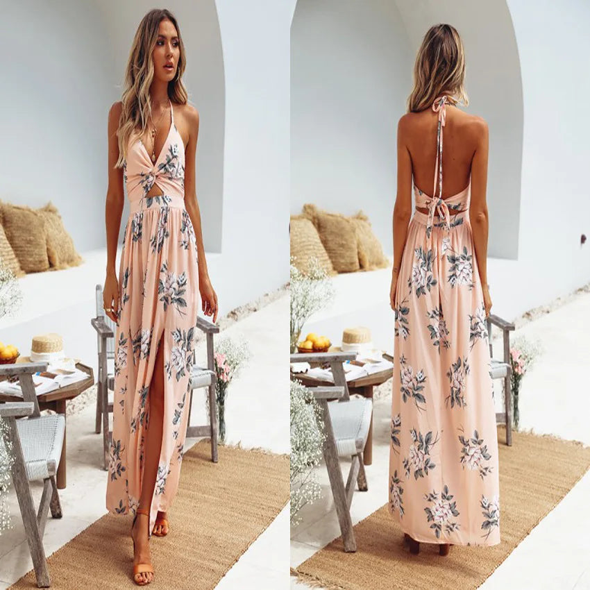 Bedrukte jurk met split vooraan en open rug, strik, 2026 Nieuwe Zomer Dames Modieuze Sexy Temperament Mouwloze Strand Lange Jurk