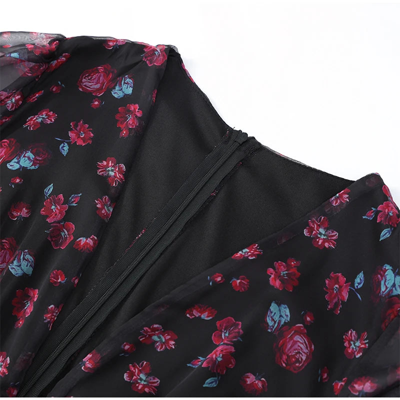 Flora Geschilderde Ruche Mini Jurk Dames Elegante Lange Mouwen Diepe V-hals Slim A-lijn Jurken 2026 Dame Vakantie Streetwear Nieuw