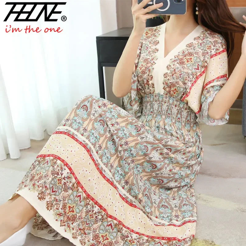 Long Women's Dress Boho Ethnic Bohemian Beach Cotton Blend Artificial Floral Short Sleeve V-neck Vintage Vacation Vestidos Robe