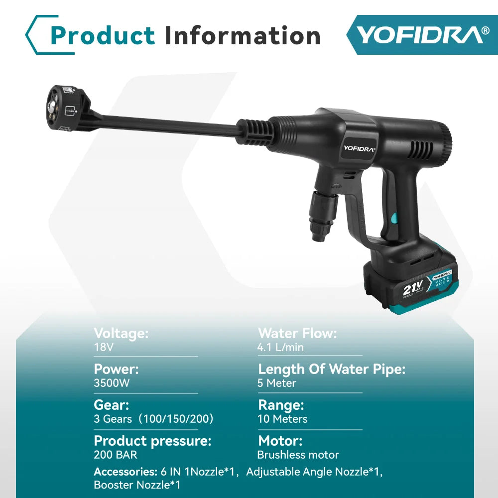 YOFIDRA 200Bar Pistola Idropulitrice Per Auto Senza Spazzole Ad Alta Pressione Con Secchio Pistola a Spruzzo Elettrica Per Giardino Per Batteria Makita 21V Pin