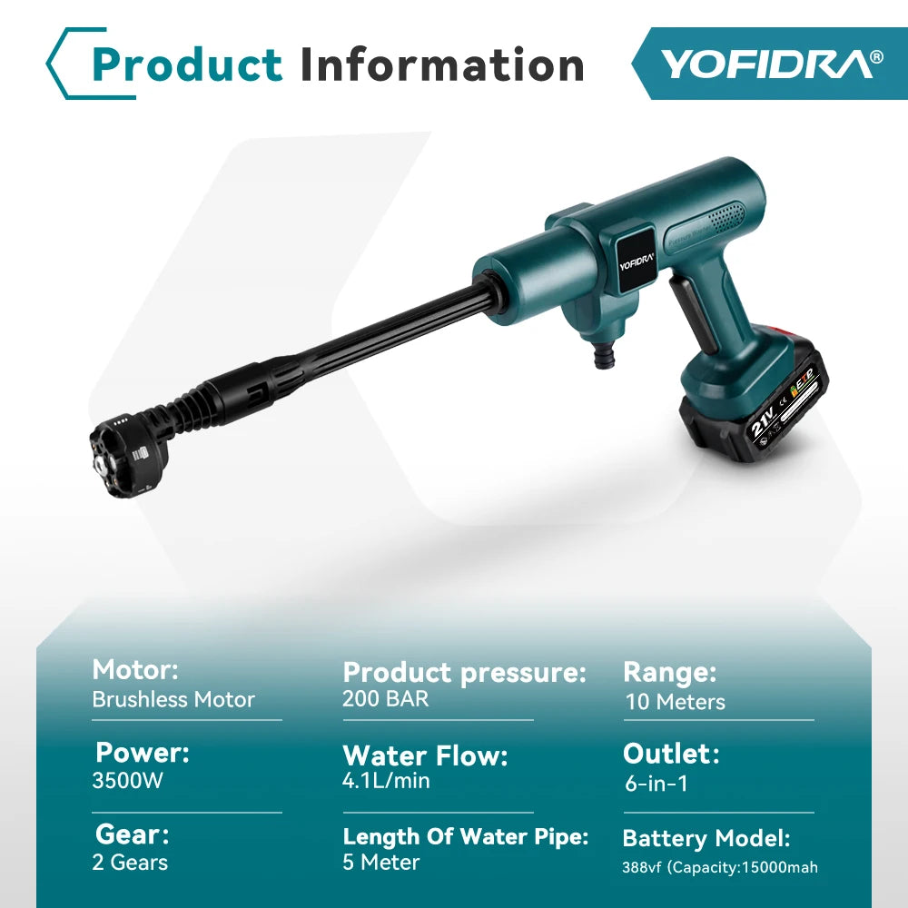 YOFIDRA 200Bar Idropulitrice Brushless ad Alta Pressione Pistola ad Acqua Elettrica con Secchio Spruzzatore per Pulizia Auto per Perno Batteria Makita 21V