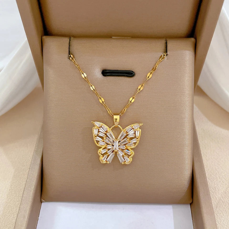 ZAKOL Klassieke Goudkleurige Roestvrijstalen Ketting voor Dames Glanzende Zirkoon Geometrische Hart Hanger Kettingen Sieraden Cadeau
