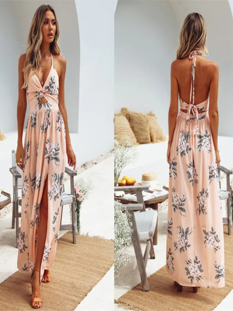 Bedrukte jurk met split vooraan en open rug, strik, 2026 Nieuwe Zomer Dames Modieuze Sexy Temperament Mouwloze Strand Lange Jurk