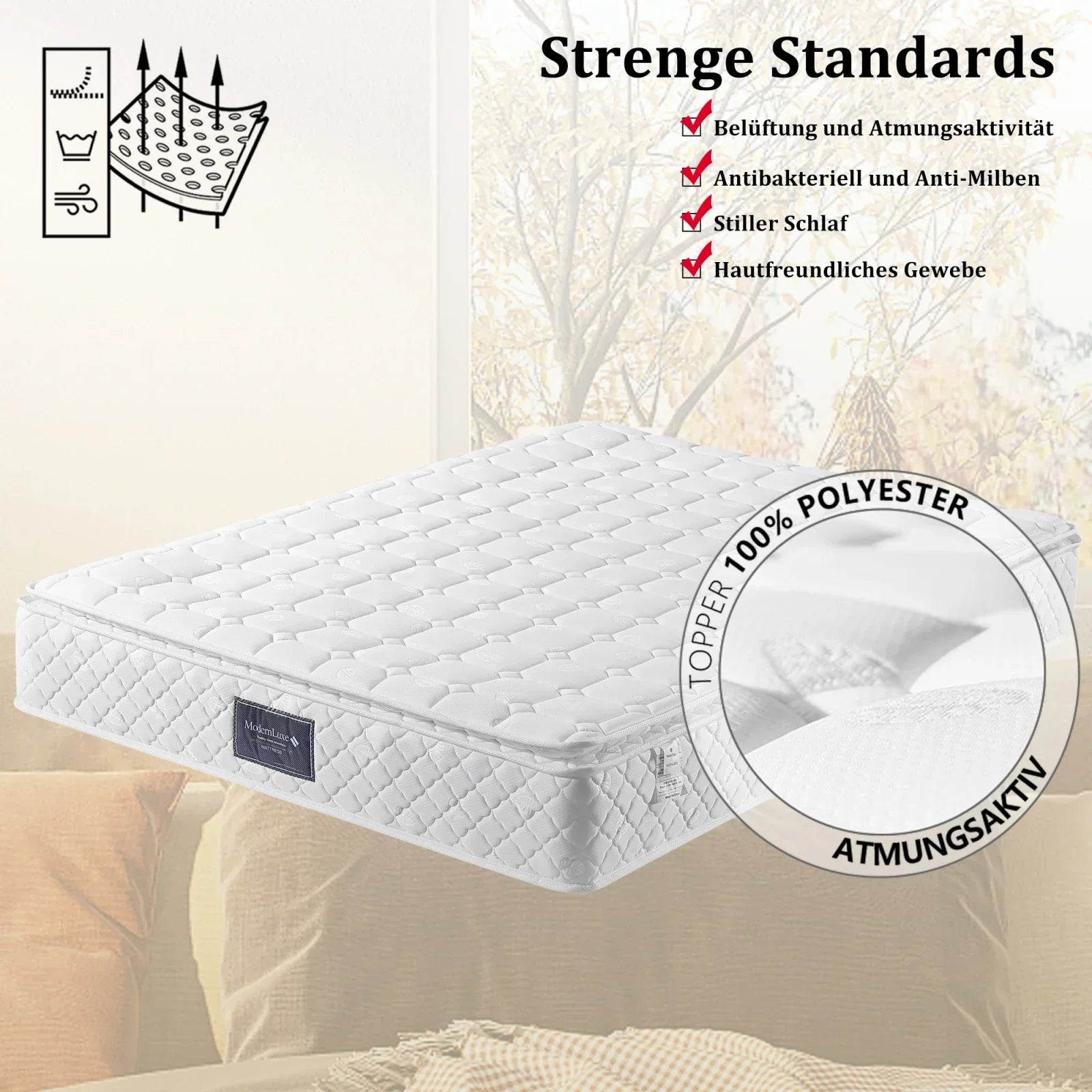 Comanlai Pocket Spring Mattress 90 x 200 cm 7 Zone Mattresses Height 25 cm Ergonomic Spring Mattress Hardness H3 Mattress White