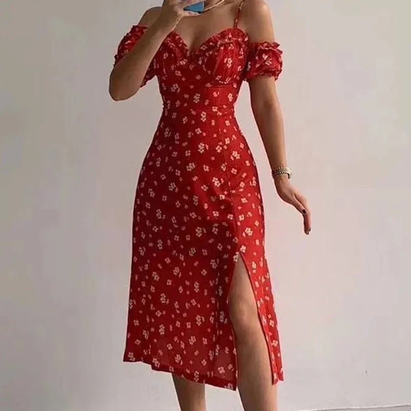 Ruches Bloemen Feest Sexy Jurk Dames Zomer Elegante Strappy Off Shoulder Jurken Vrouwelijke V-hals Slim Maxi Bedrukte Jurk Robe 21764