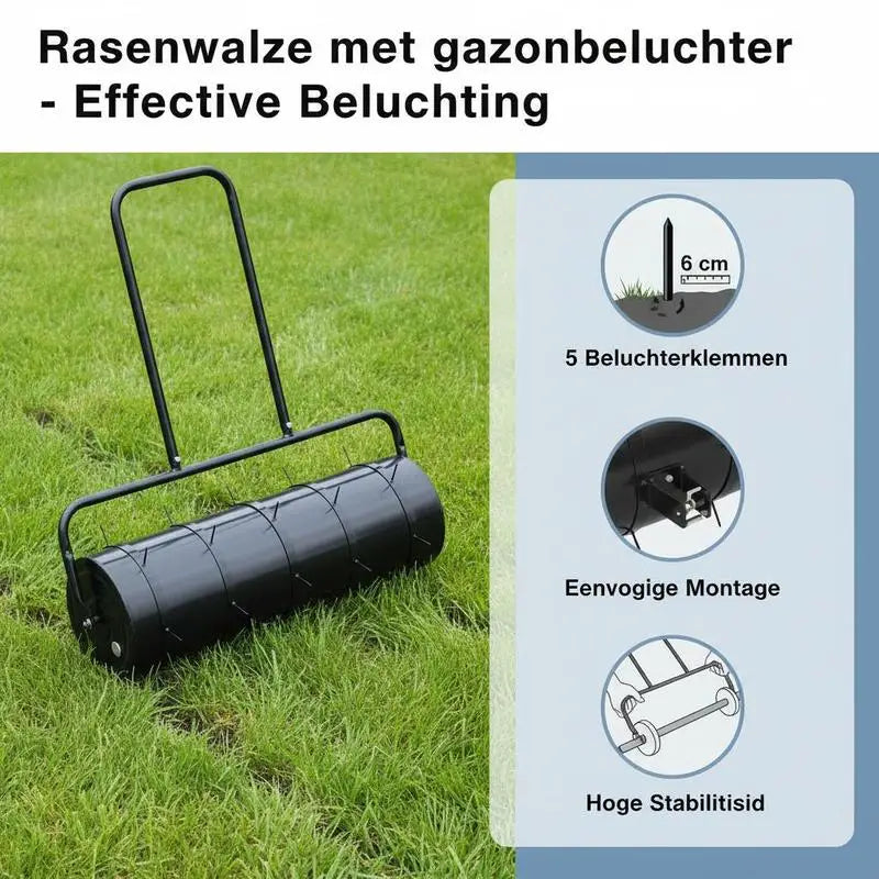 Rullo Compressore Manuale da 63 Litri Nero. Questo rullo per prato con manico è realizzato in acciaio resistente, ha una grande capacità ed è facile da riempire con la sabbia. Anche la sigillatura e lo svuotamento sono comodi.