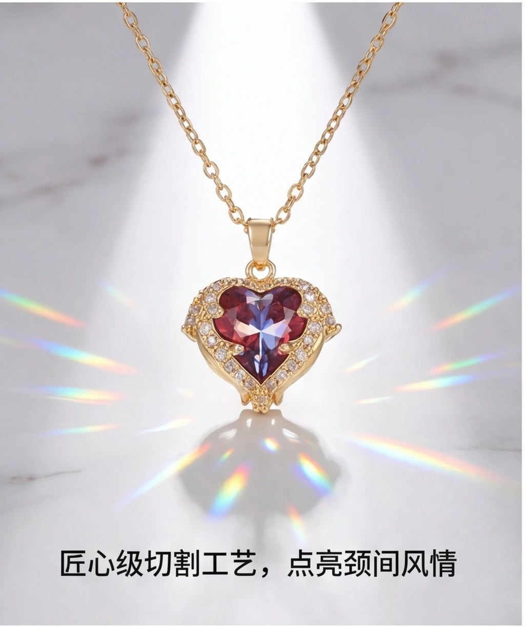 Collana Pendente Cuore Oceano in Cristallo Colorato di Lusso Top per Donna Trendy Gioielli in Acciaio Inossidabile 316L Catena da Collo Femminile per Matrimonio