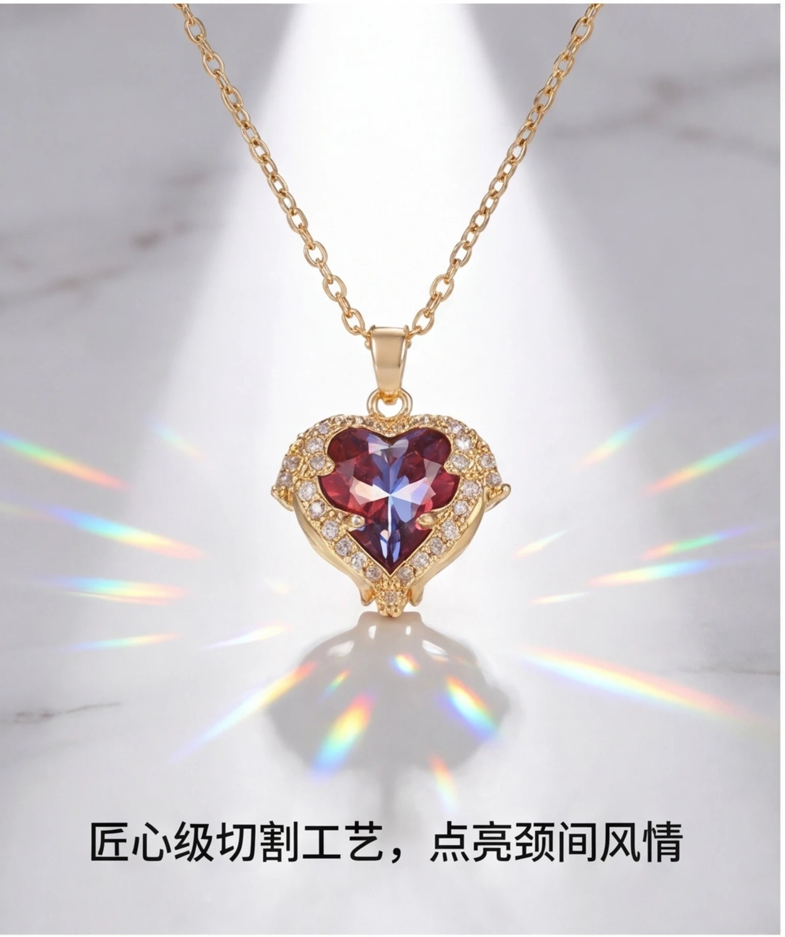 Collana Pendente Cuore Oceano in Cristallo Colorato di Lusso Top per Donna Trendy Gioielli in Acciaio Inossidabile 316L Catena da Collo Femminile per Matrimonio