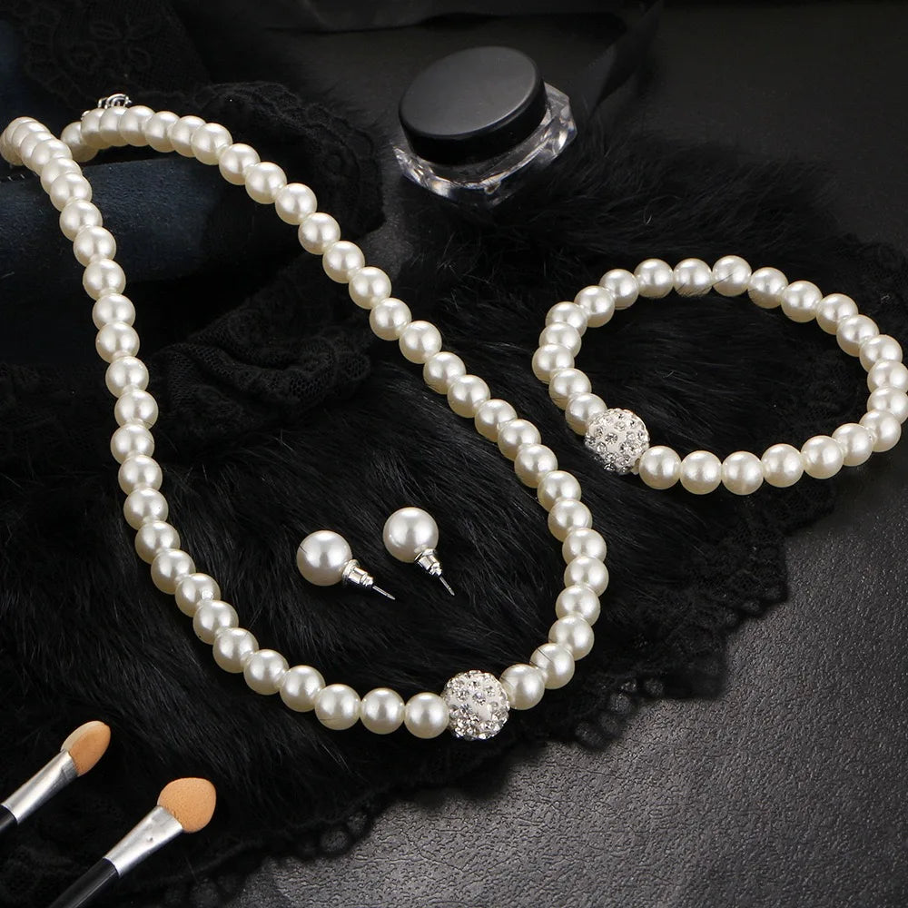 Set di gioielli da 3 pezzi con collana, bracciale e orecchini a perno con finta perla, Fireball, colore argento, con pietra di cristallo, elegante idea regalo per la sposa