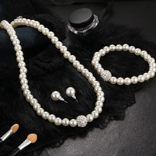 3 stks imitatie parel vuurbal ketting armband oorbel stud sieraden set zilver kleur kristal steen elegante bruidssieraden cadeau