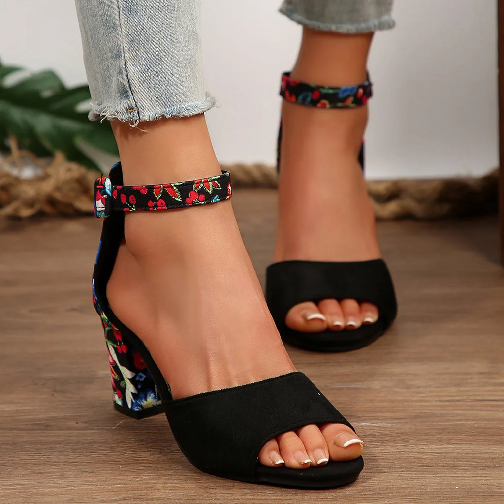 Scarpe estive da donna 2026 Sandali alti con stampa floreale vintage, open toe, tacco alto, casual, con fibbia alla caviglia